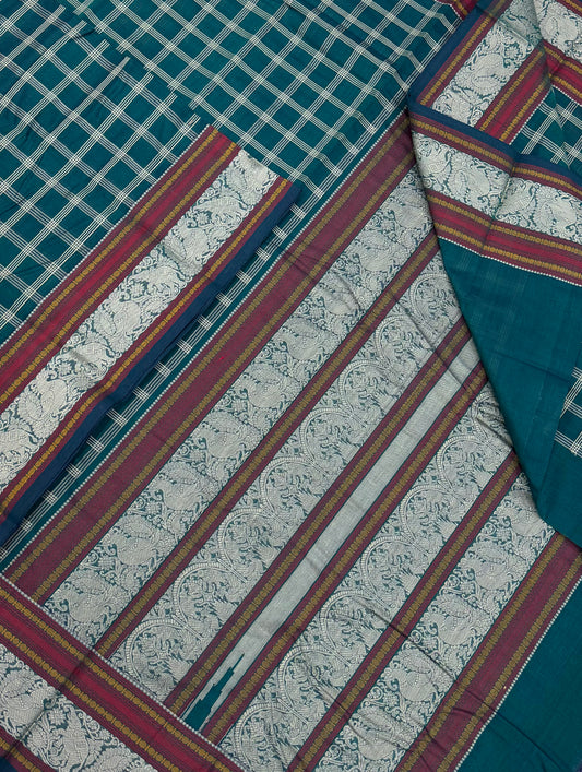 Pure Handloom Kanchi rich Cotton Saree | vintage thread border X thread kattam | cyan blue X red | intricate rich thread woven Pallu