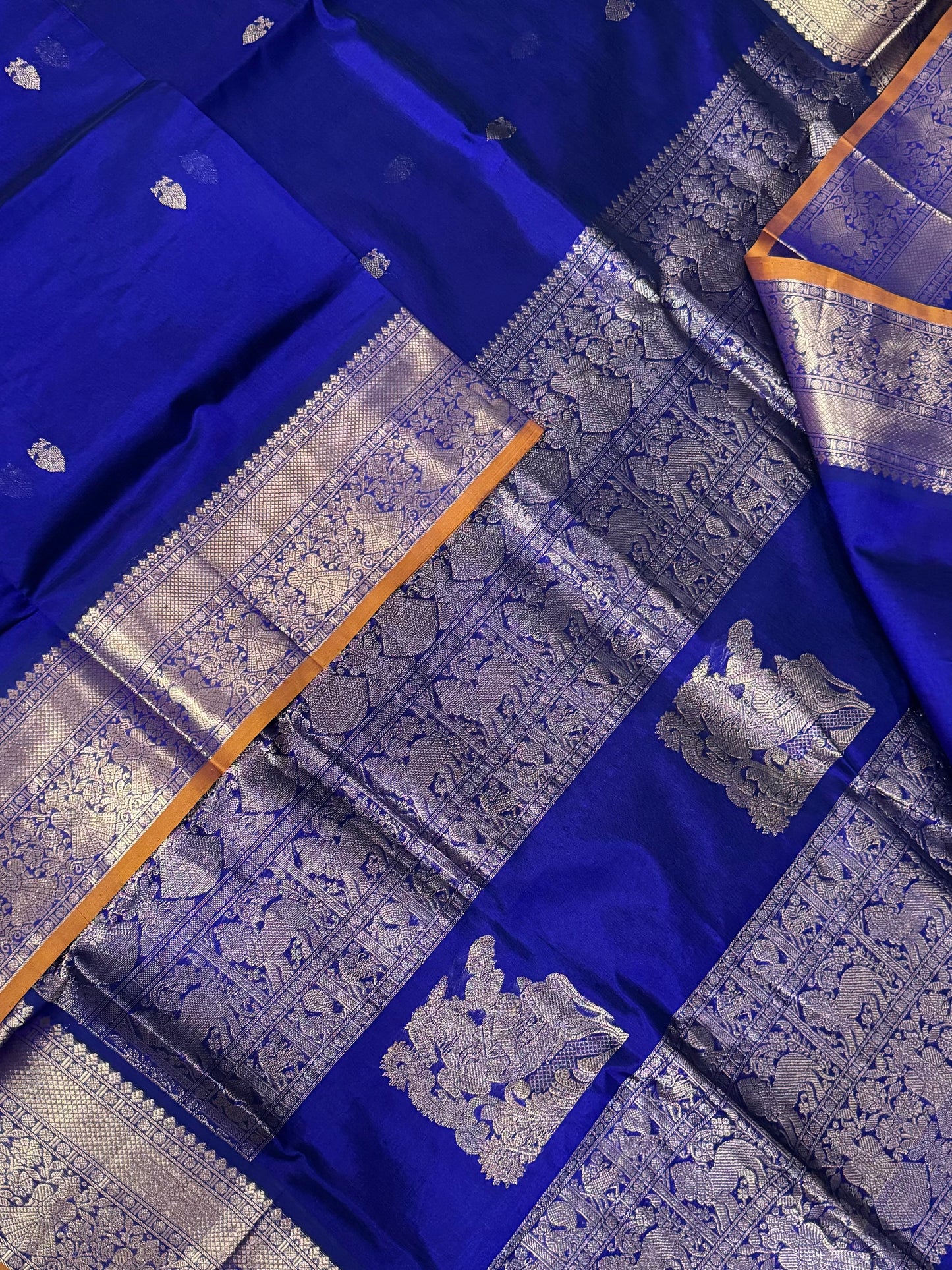 Kanchi Silk Cotton Sarees | VeeraShivaji motifs pallu x rich eruthalapakshi border| royal blue X mustard yellow