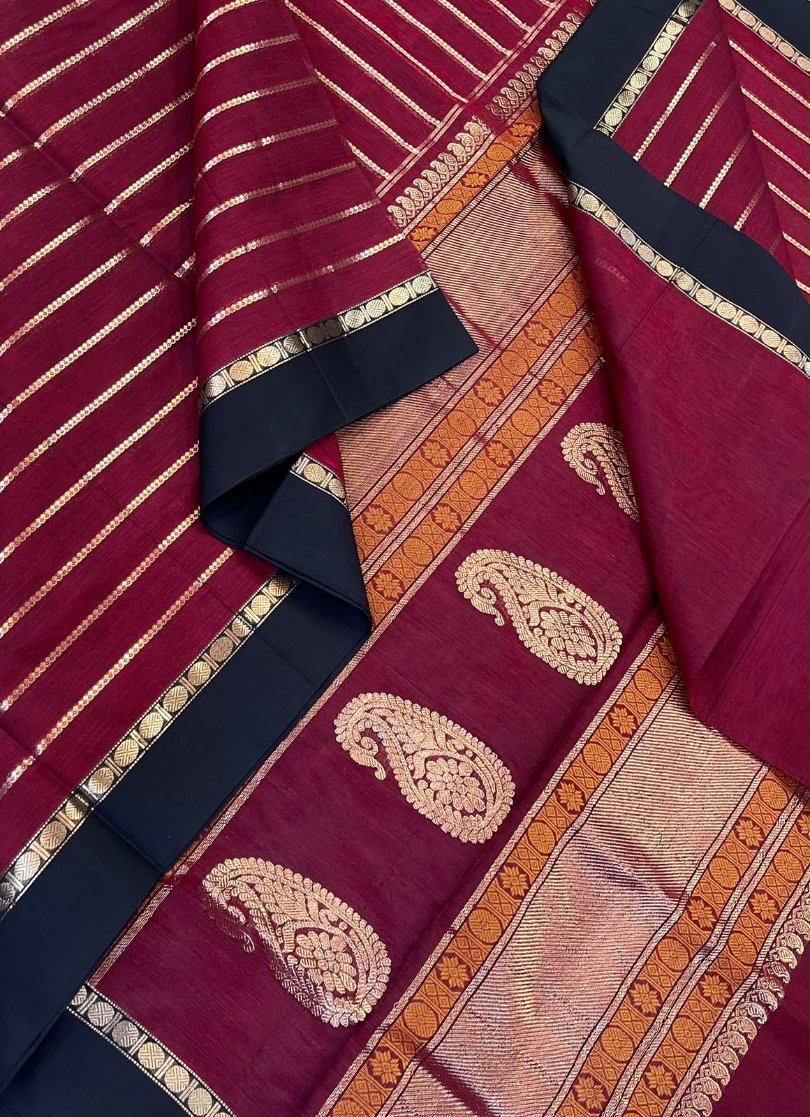 Kanchi Silk Cotton Sarees | luxury silk cotton | zari veldhari X mango motif zari | marron X navy blue