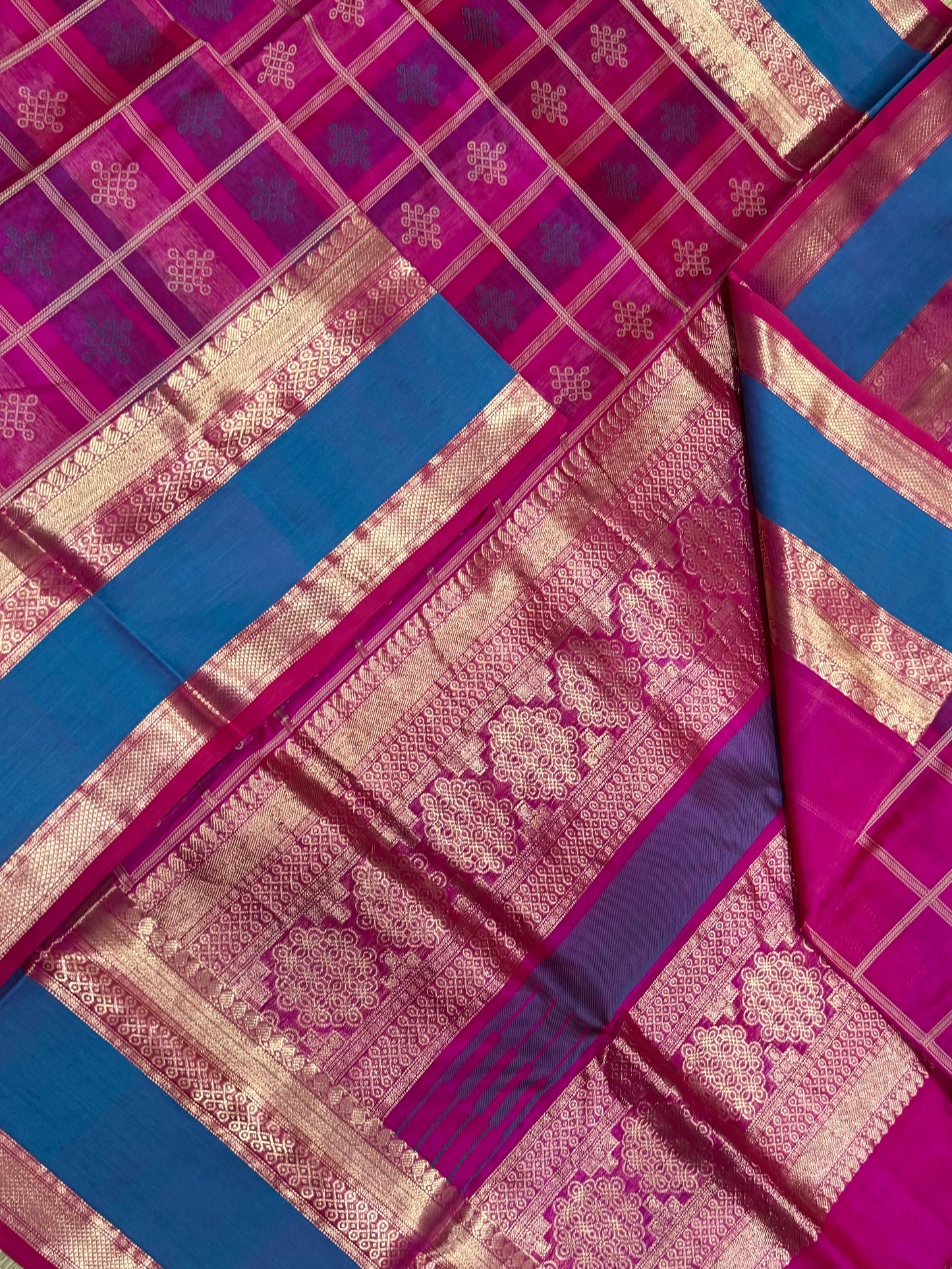 kanchi silk cotton | 1000 kolam BUTTA X rettaipet border | pink X sky blue