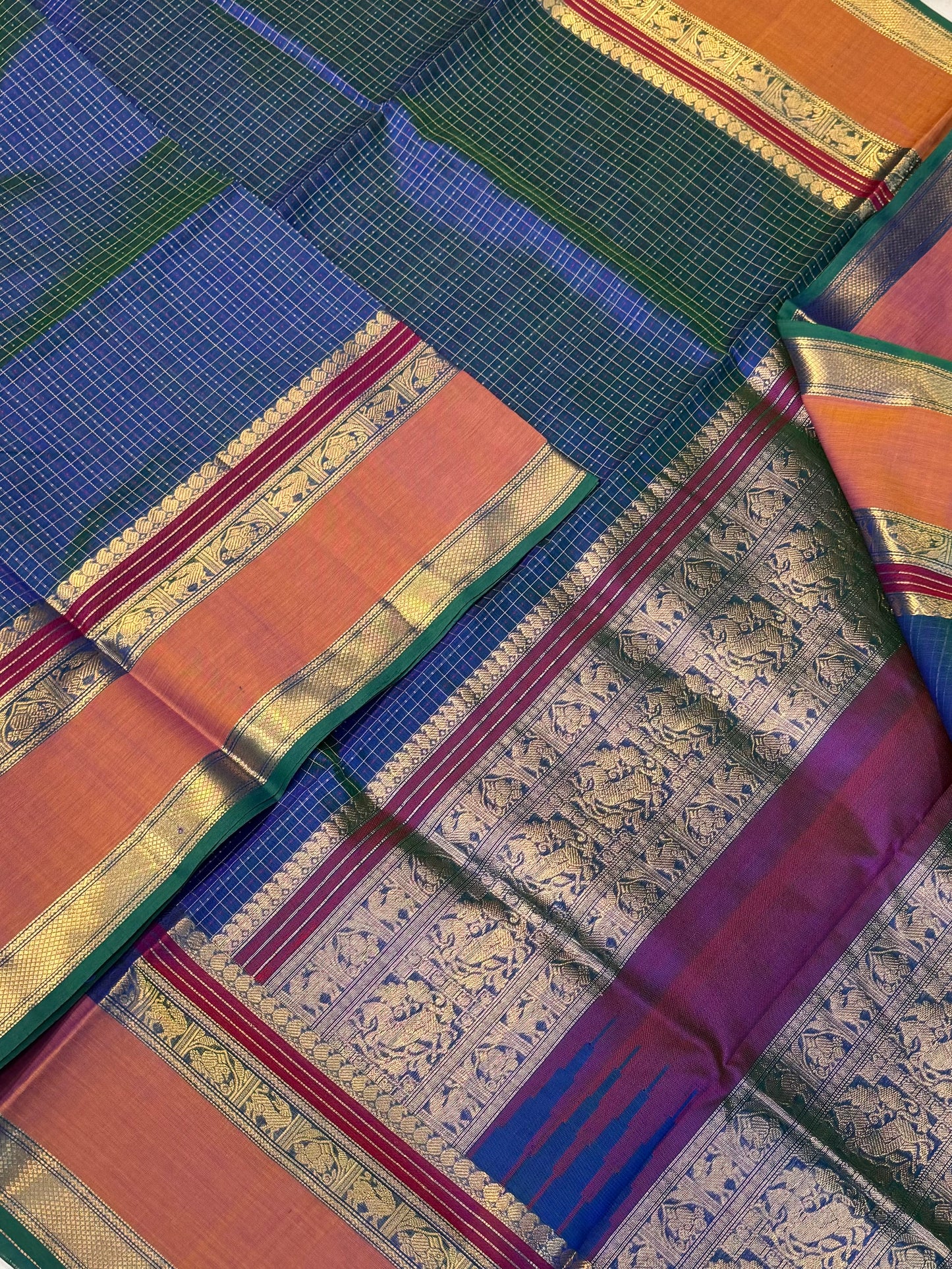Kanchi Silk Cotton Sarees | 1000 butta X rich zari pallu X zari border | twotone peacock X orange