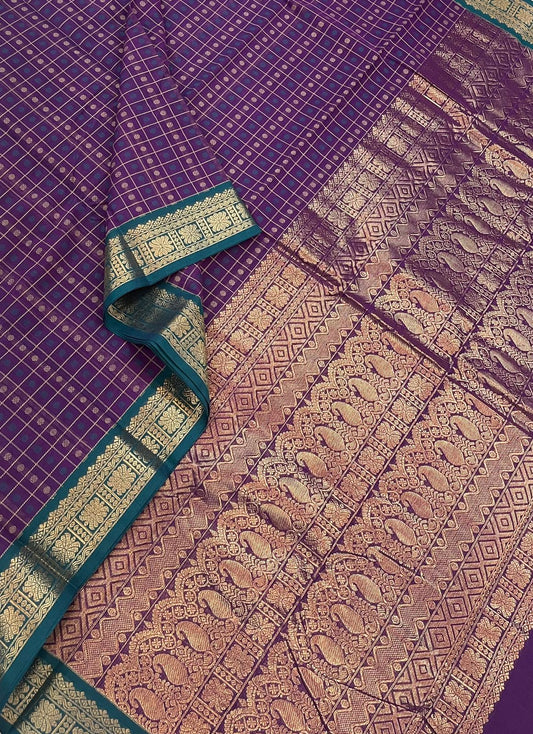 Kanchi handloom rich cotton | 1000. kattam X mayil border | Violet ColorX blue