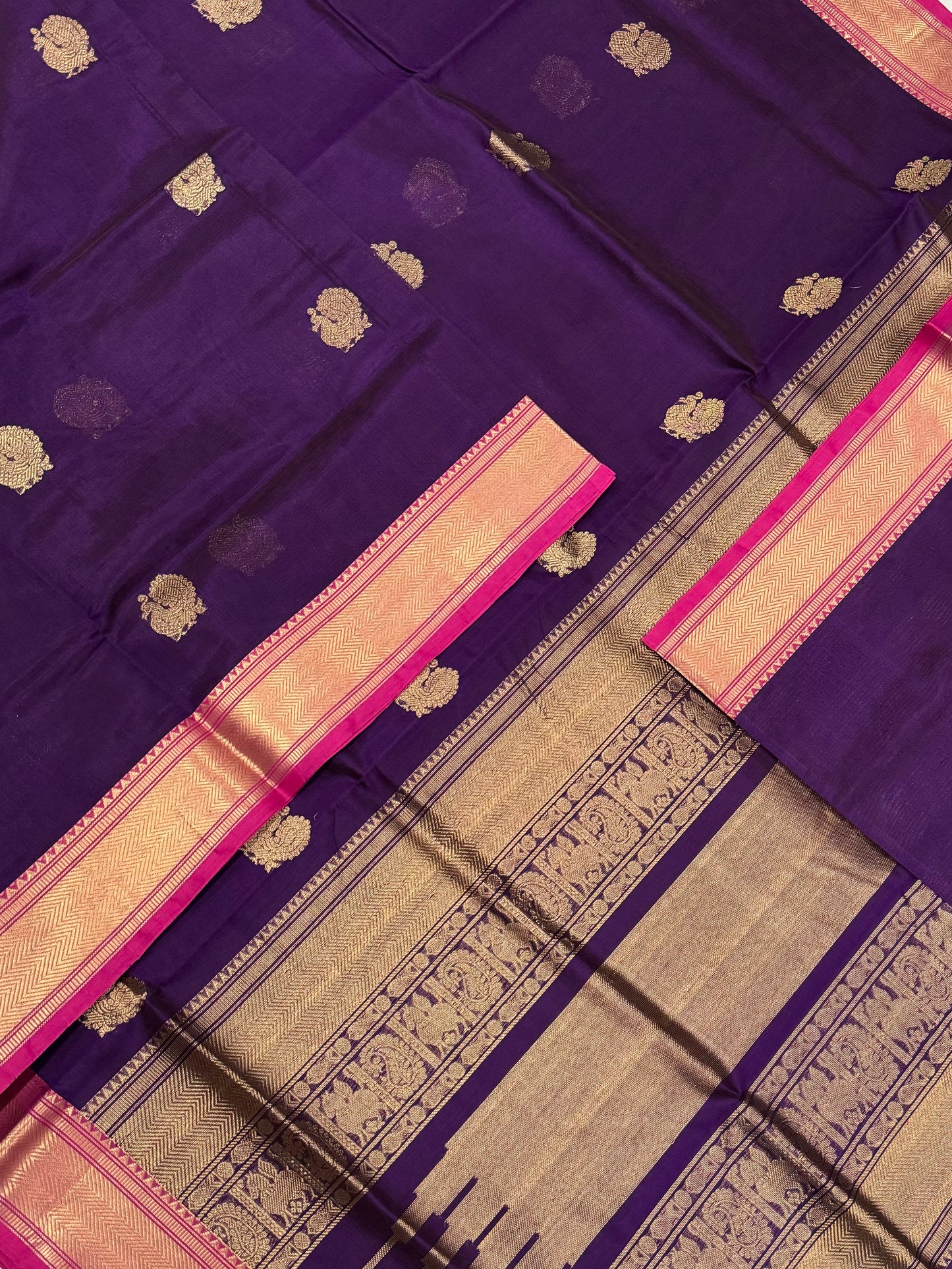 Kanchi Silk Cotton Sarees | luxury silk cotton | mayil Zari butta x Zari small border| violet X pink