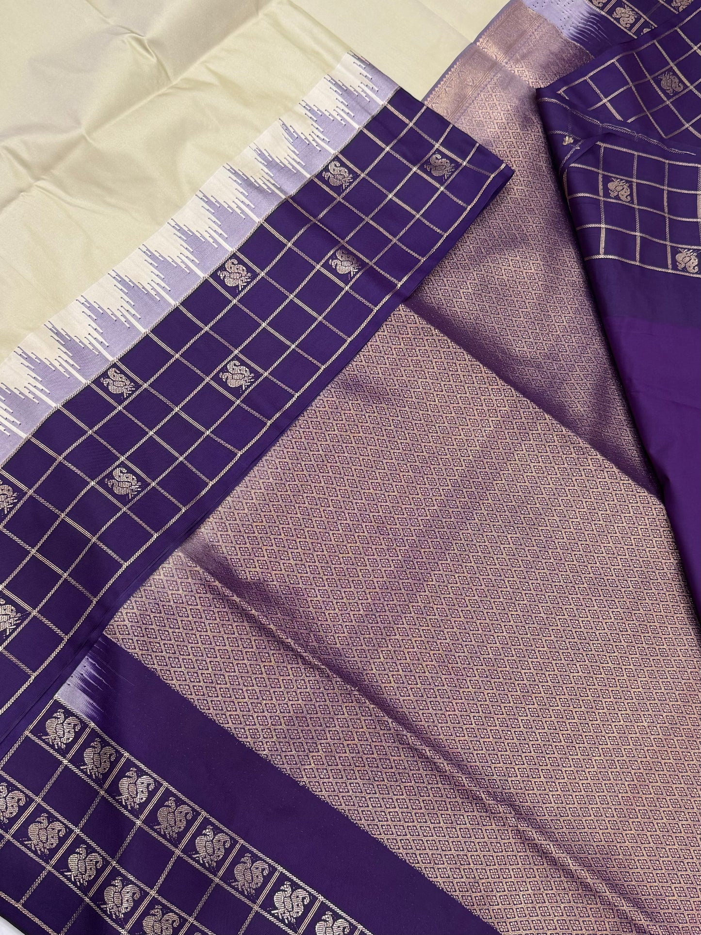 Vegan Silk Sarees Online | border kattam X mayil | pastel green X violet