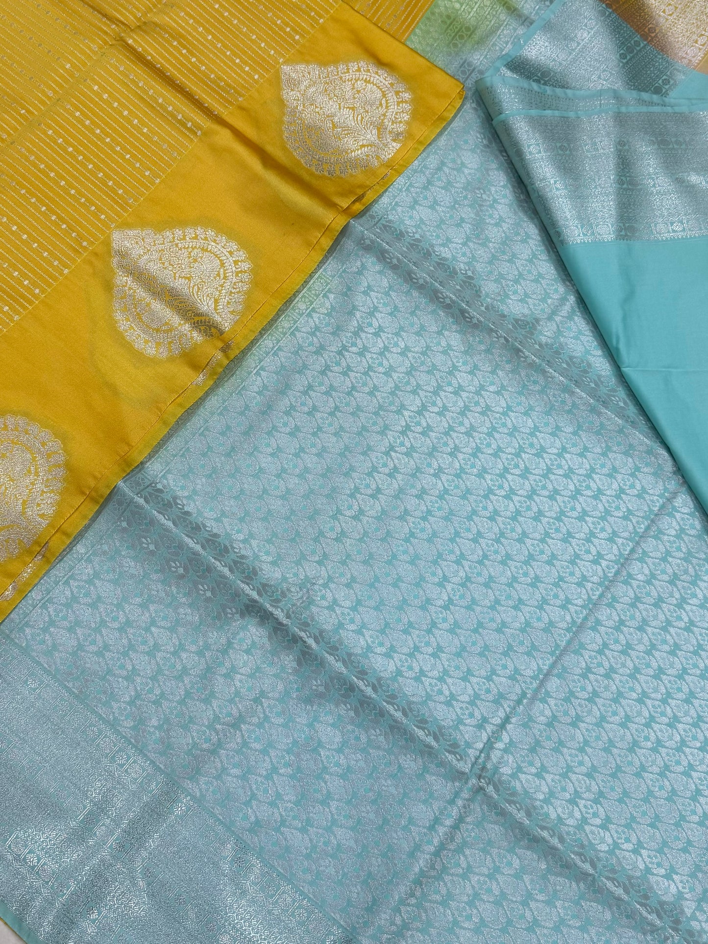 Vegan Silk Sarees Online | silver drop X thilagam | pastel yellow X blue
