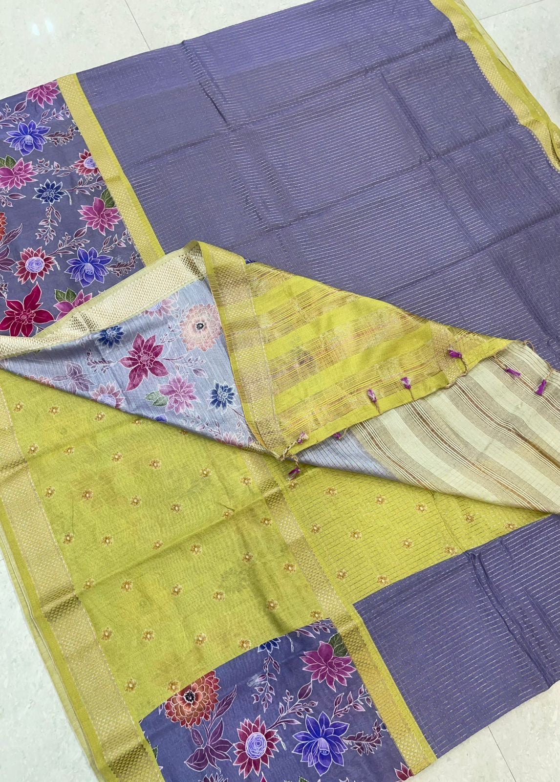 Premium Chanderi silk | floral x zari border | violet floral X pastel green | NKV24