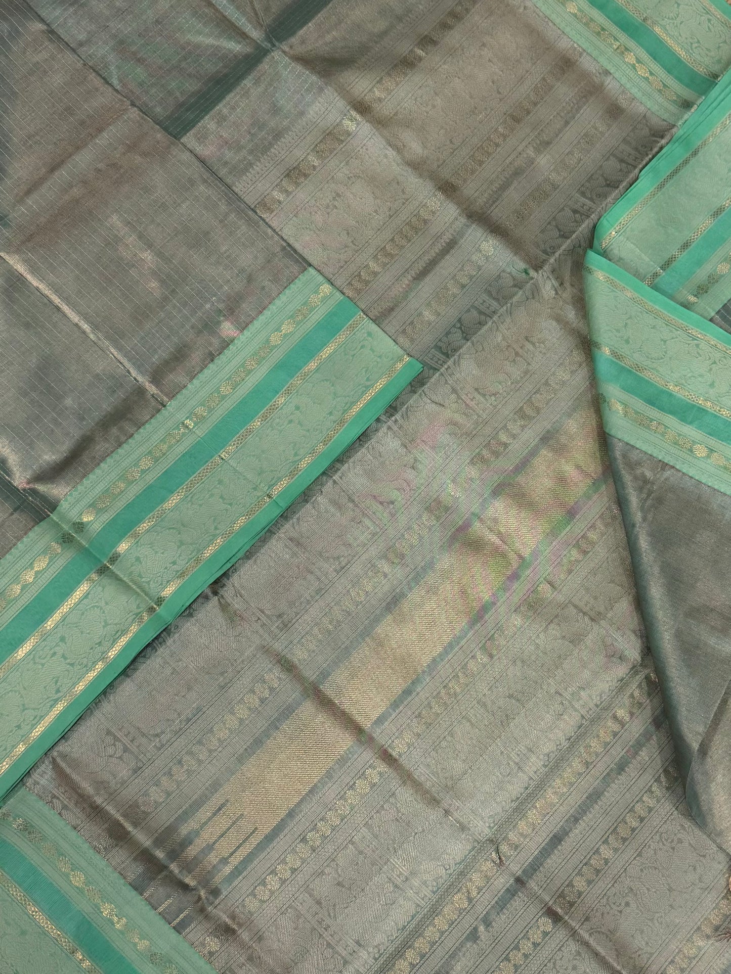 Kanchi Tissue Silk Cotton Sarees | vairaoosi X threads |shiny grey X teal | NKV100