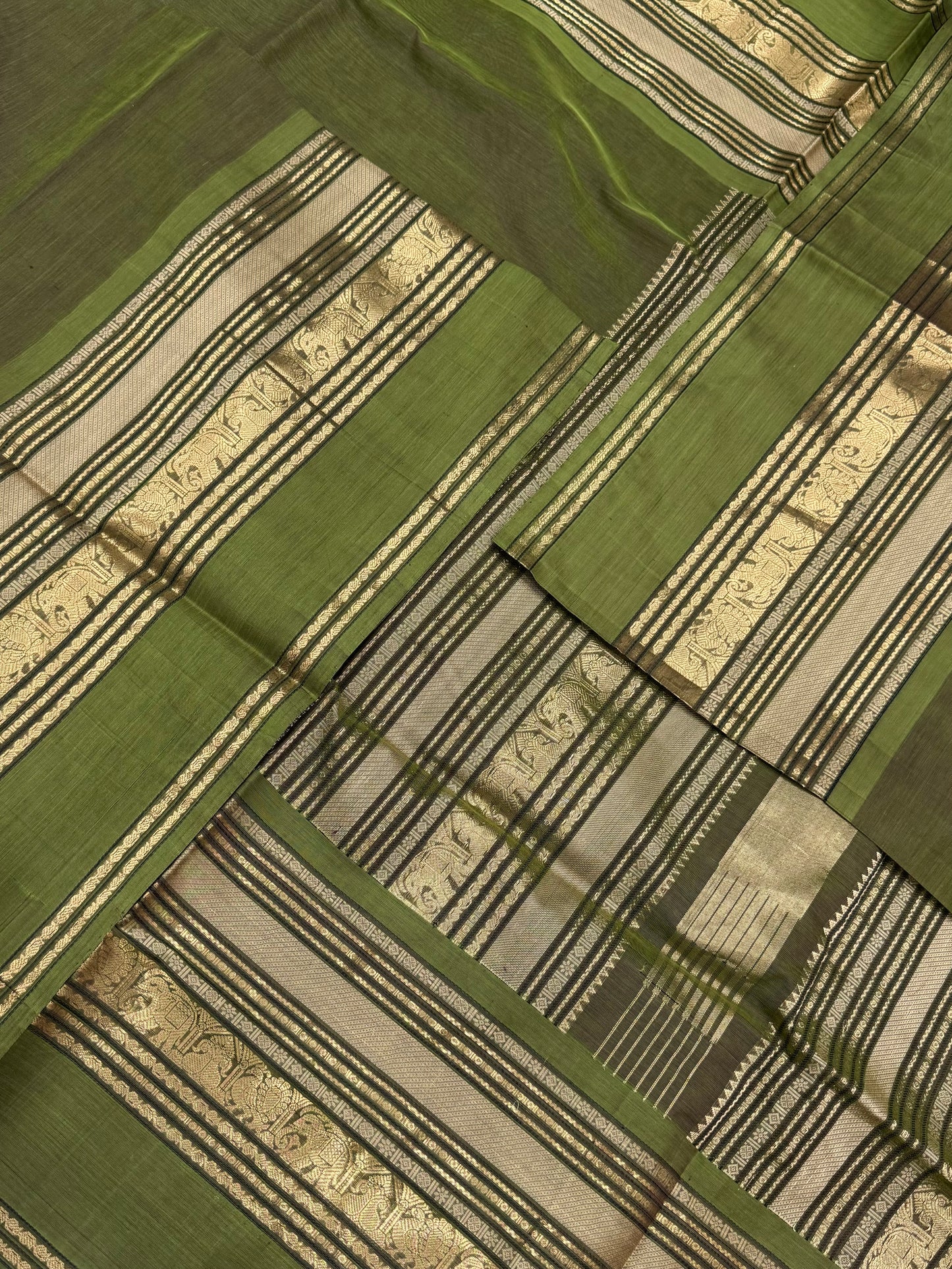 Kanchi Silk Cotton Sarees | rich pallu X mayil border | leaf green X gold