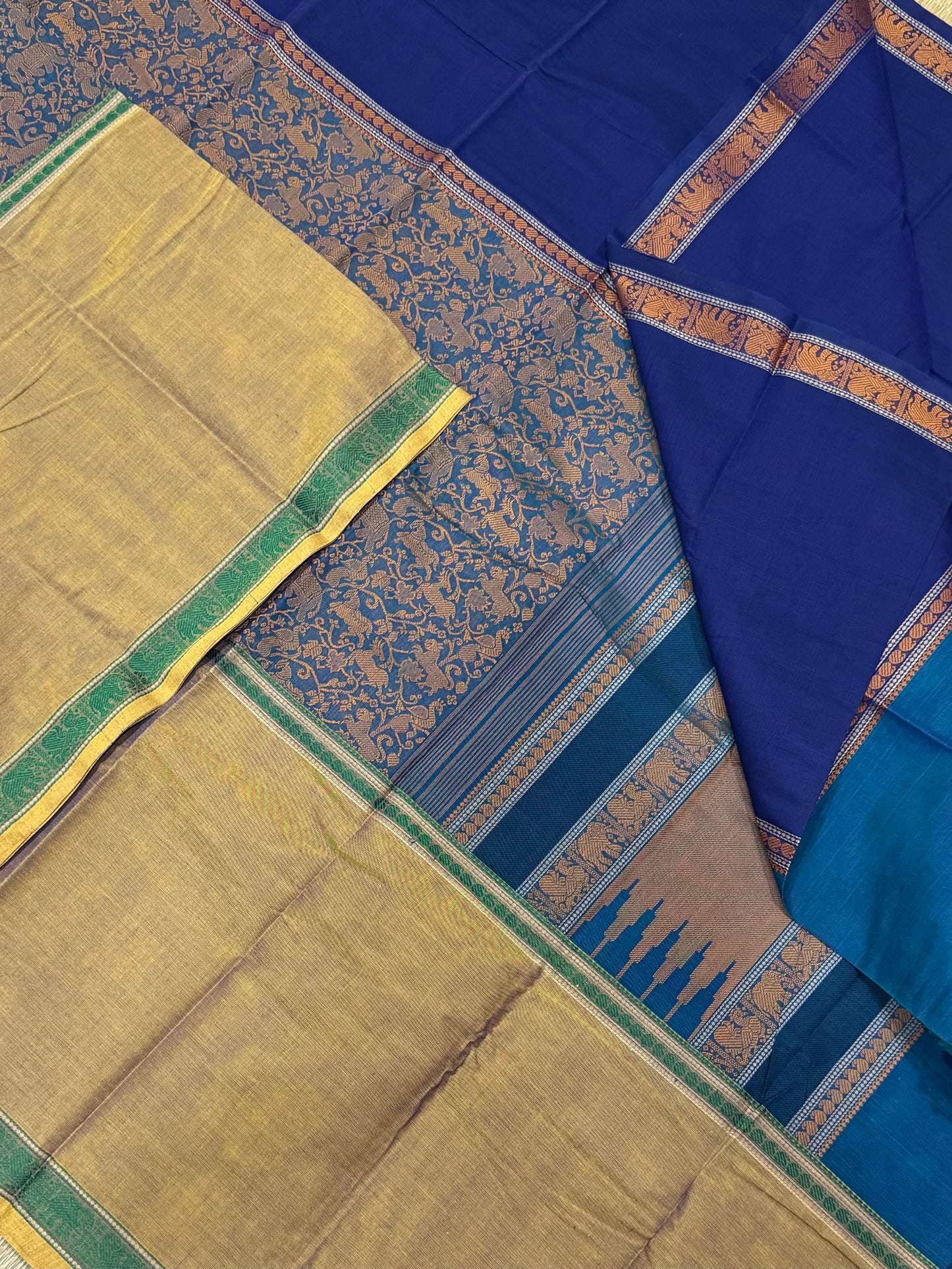 Pure Handloom Kanchi rich Cotton Saree | thread woven X muppagam X vanasingaram | blue X mustard | intricate rich thread woven Pallu