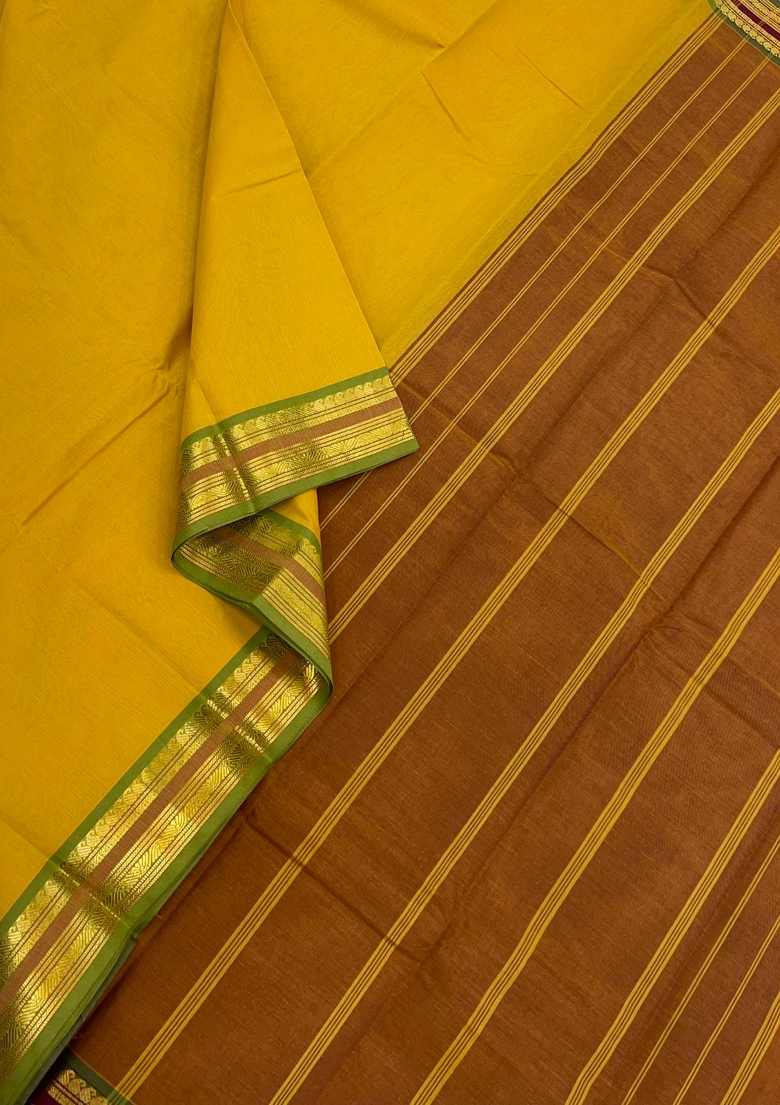 Pure 100 count soft cotton | mustard yellow x brown | korvai look alike tiny zari border | NKV99