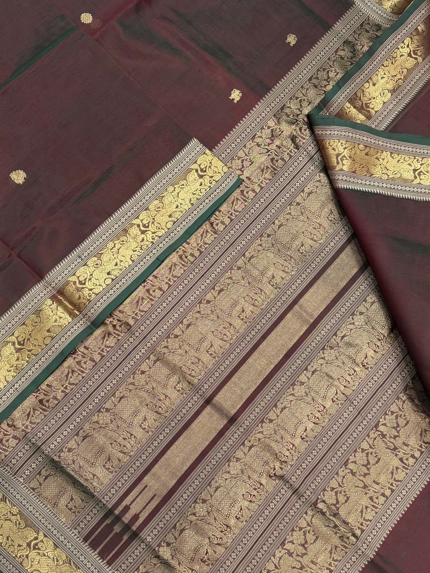 Kanchi Silk Cotton Sarees | tiny motif mayil yhazli X Zari border | twotone marron green X gold