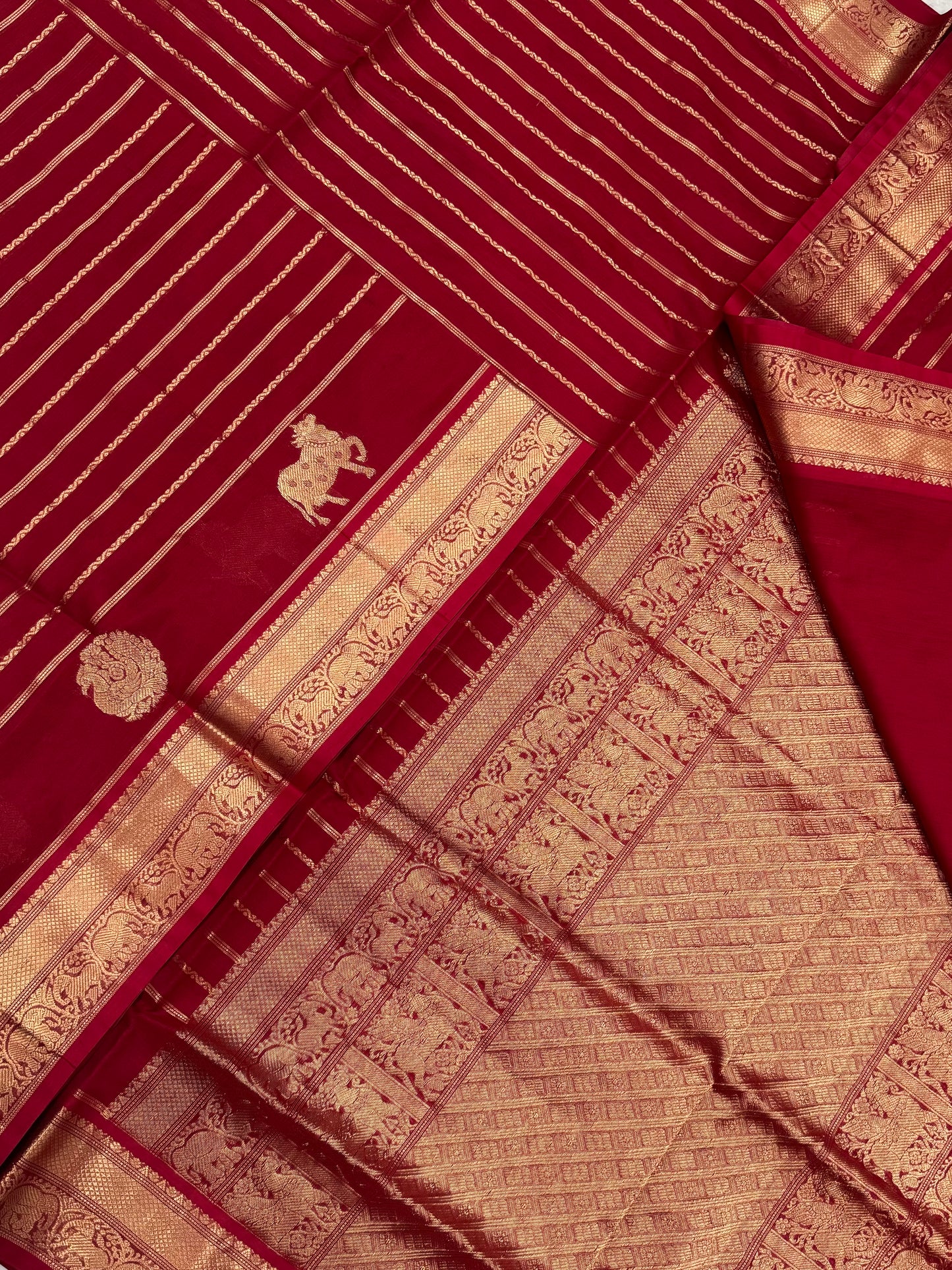Kanchi Silk Cotton Sarees | luxury silk cotton | veldhari X Mayil x pichwai cow| red NKV37