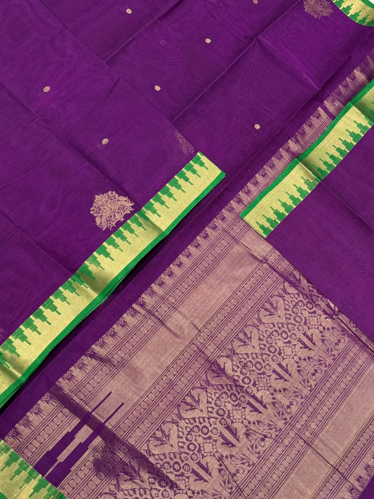 Pure Handloom Kanchi rich Cotton Saree | tiny Zari border X butta| violet X green | intricate Zari woven Pallu
