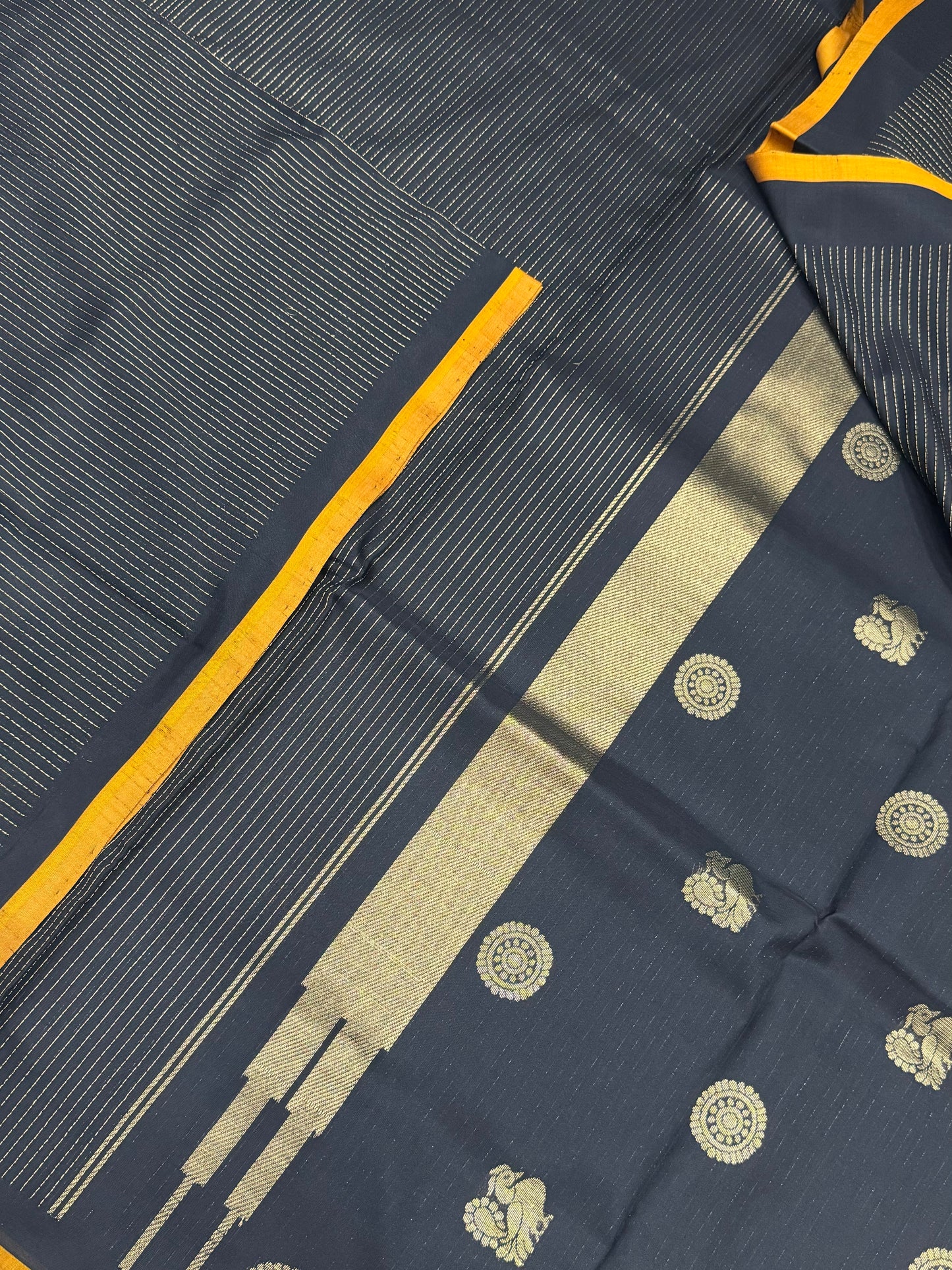 Kanchi Silk Cotton Sarees | luxury silk cotton | oosi vanam X tiny border | black x Manjal