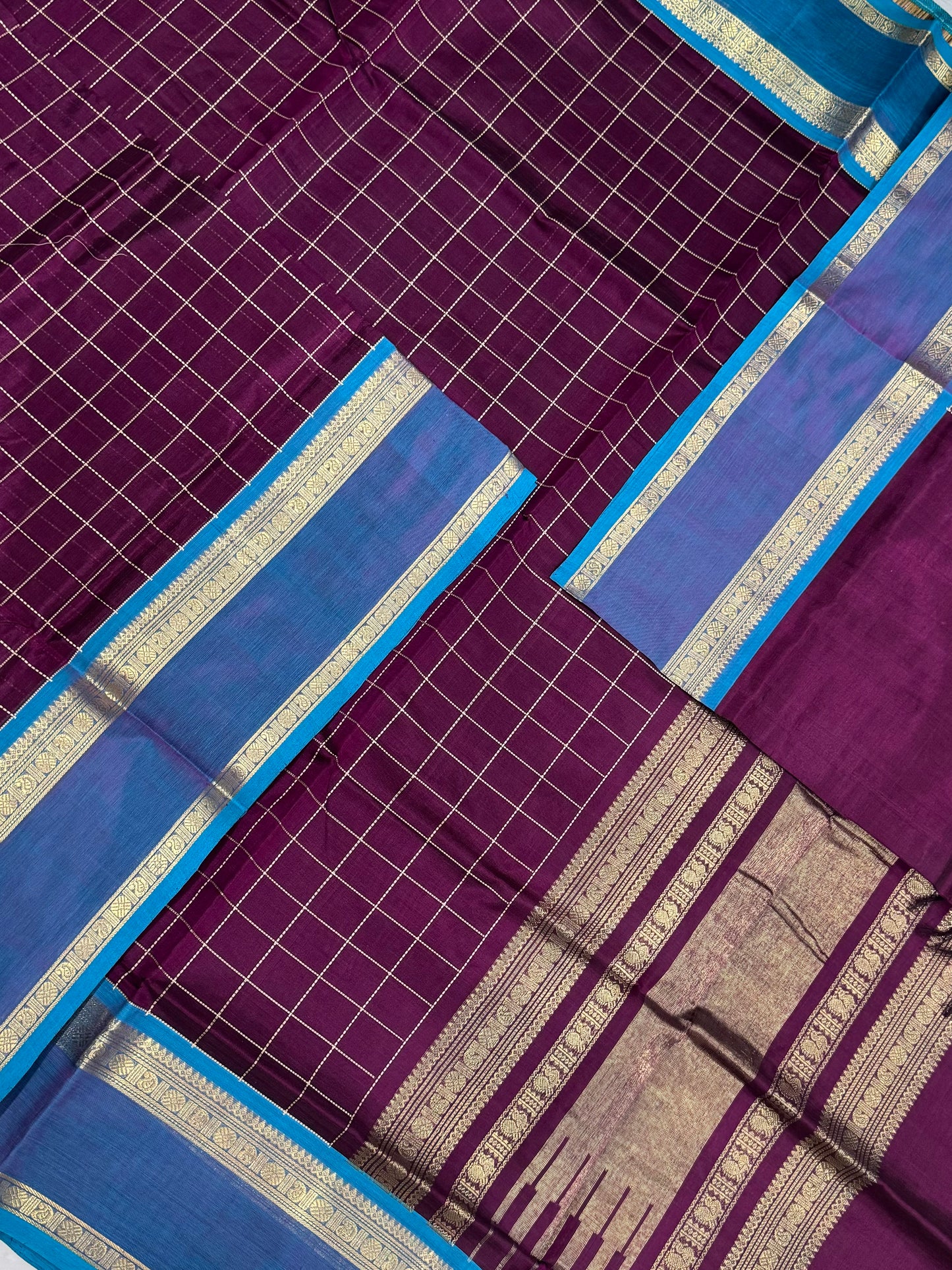 Kanchi Silk Cotton Sarees | kattam X rettaipet Zari border | burgandy x blue zari border | NKV20