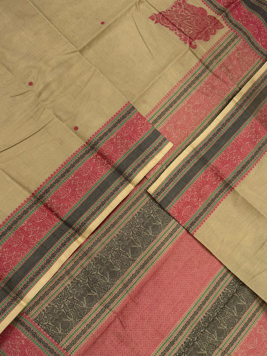Pure Handloom Kanchi rich Cotton Saree | thread border X  corner butta| beige X red | intricate thread woven Pallu