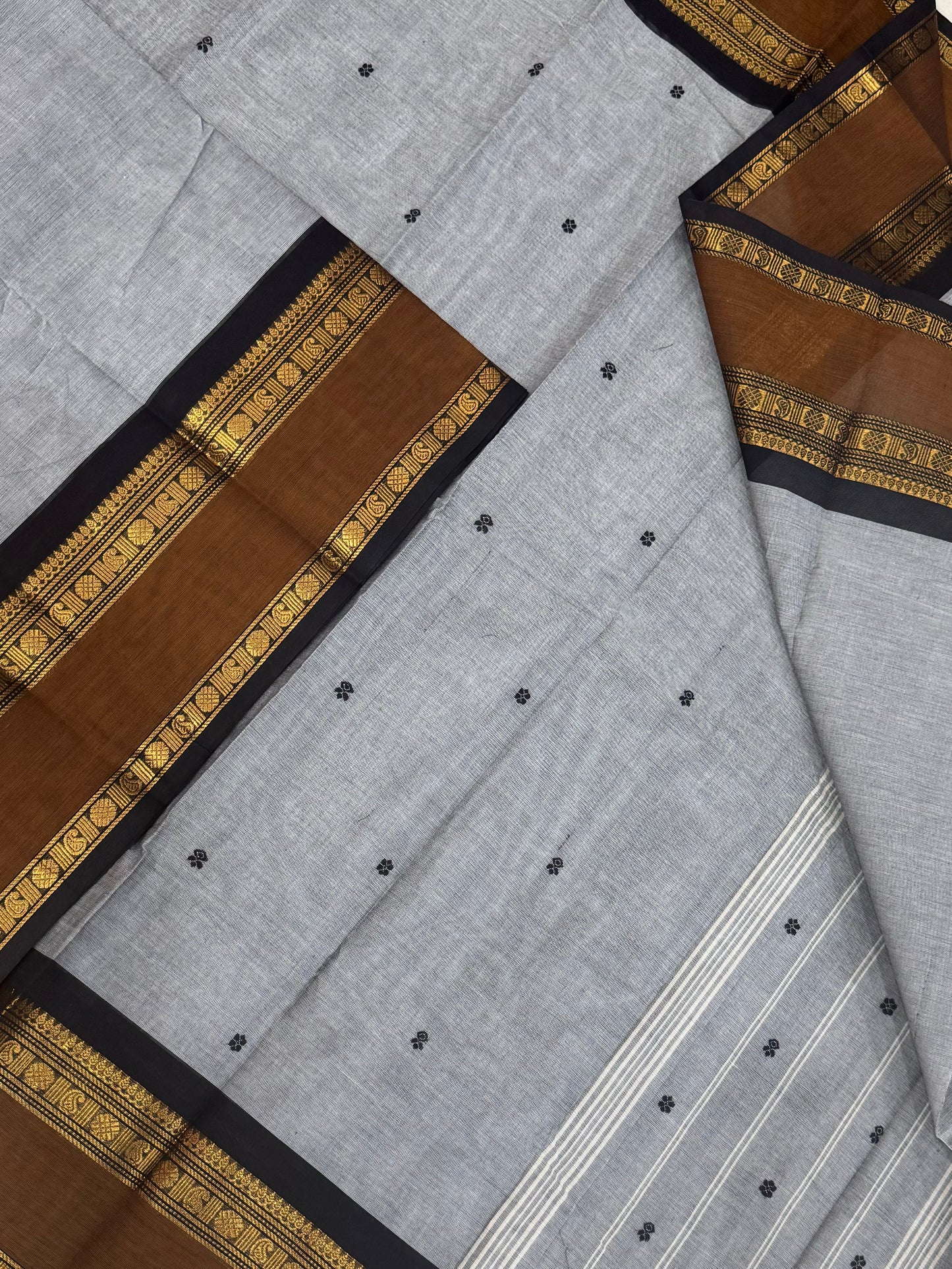 Kanchi soft cotton | grey X mustard X black | rettaipet zari border X tiny motif