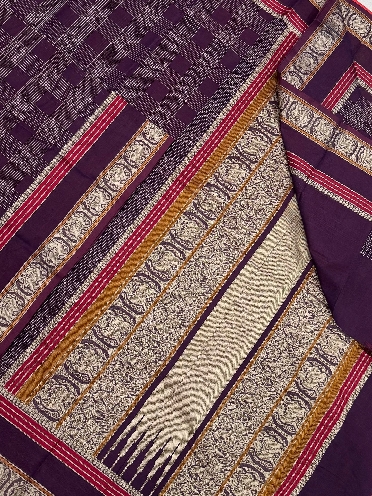 Pure Handloom Kanchi rich Cotton Saree | vintage thread border X 2x2 kattam | cyan blue X red | intricate rich thread woven Pallu