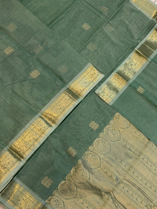 Pure Handloom Kanchi rich Cotton Saree | pastel green  x kolam zari
