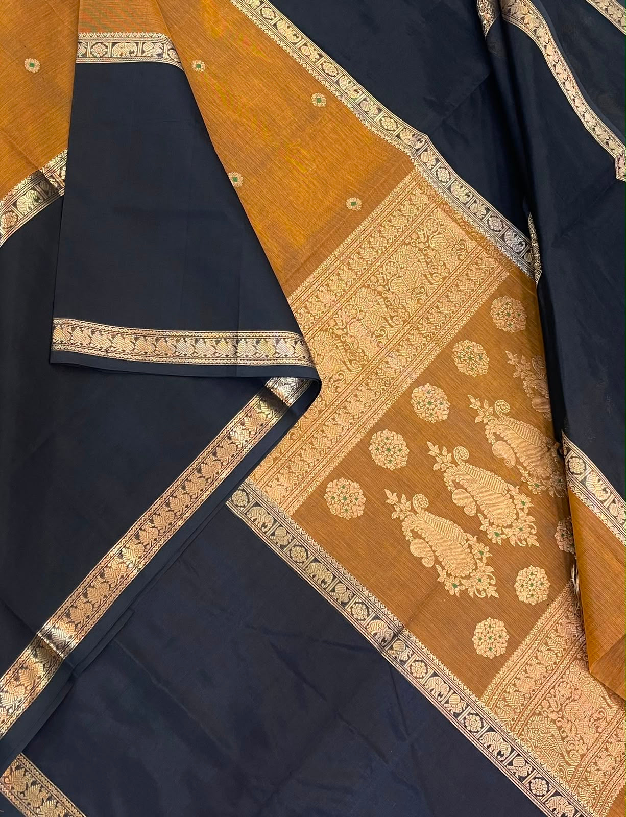 Kanchi Silk Cotton Sarees | luxury silk cotton | mupaggam x kamalam butta X tiny zari border | mustard x black