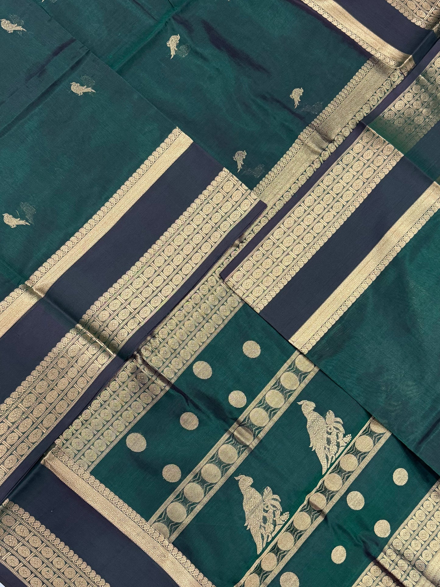 Kanchi Silk Cotton Sarees | kalakshethra killi Pallu | bottle green x gold | NKV20