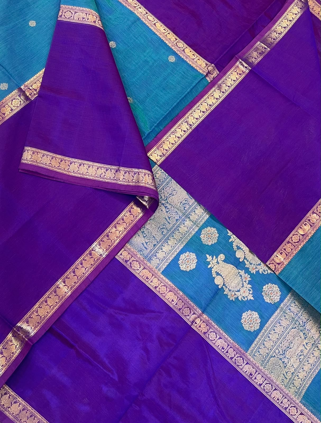 Kanchi Silk Cotton Sarees | luxury silk cotton | mupaggam x kamalam butta X tiny zari border | blue x violet