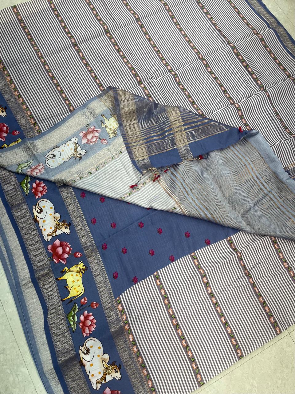 Premium Chanderi silk | pichwai lotus x zari border | blue | NKV24