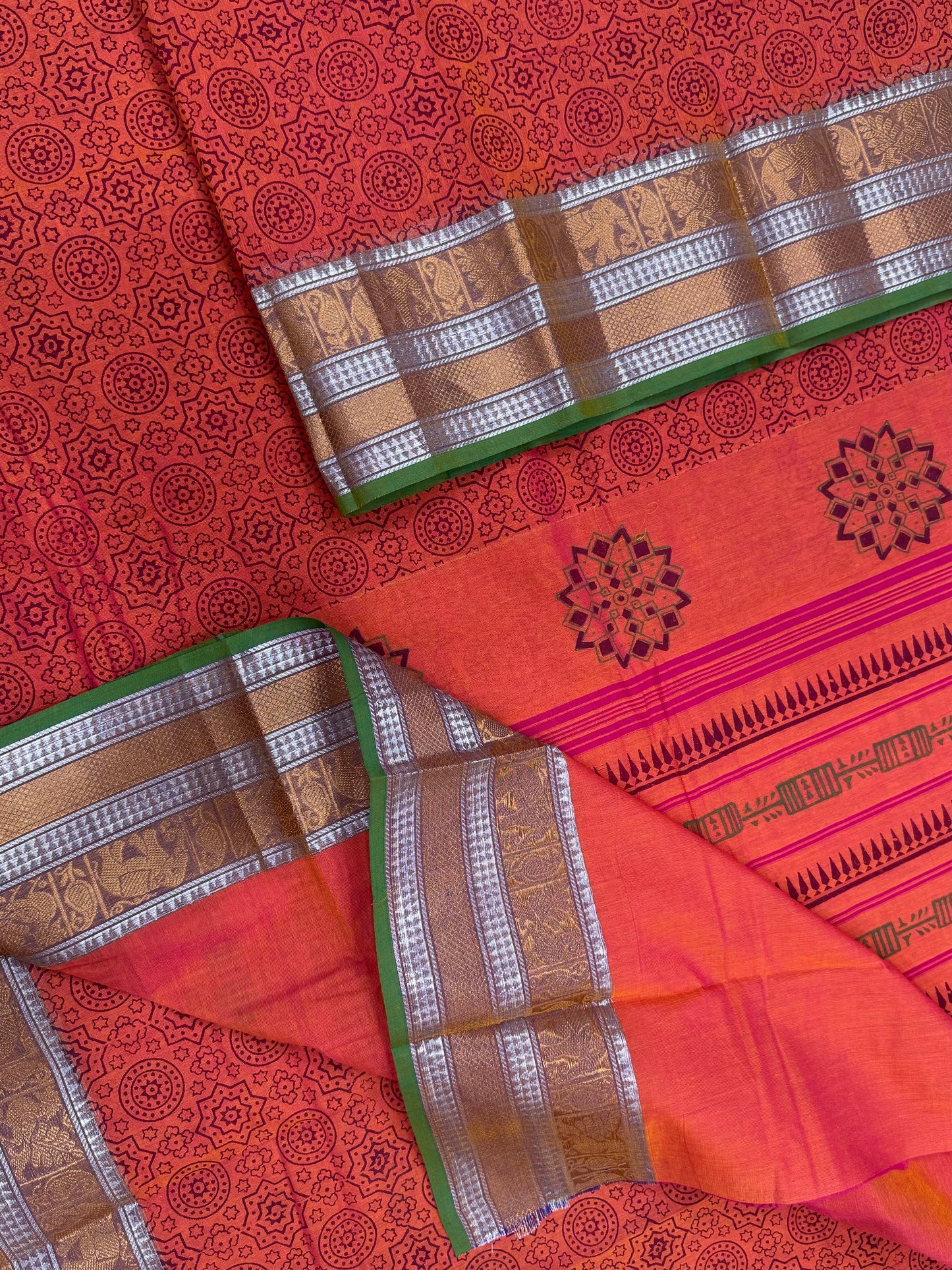 Kanchi soft cotton | block print x Zari woven border | orange X green