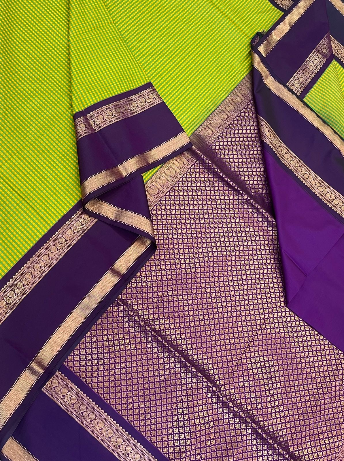 Vegan Silk Sarees Online | green x Violet| kasa kasa kattam x rettaipet border