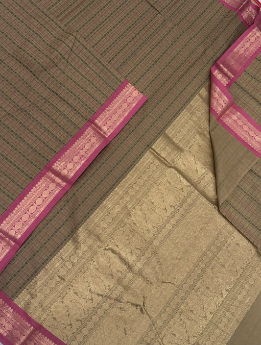 Pure Handloom Kanchi rich Cotton Saree | tiny Zari border X 1000 butta | pastel beige X  pastel pink  | rich Zari Pallu