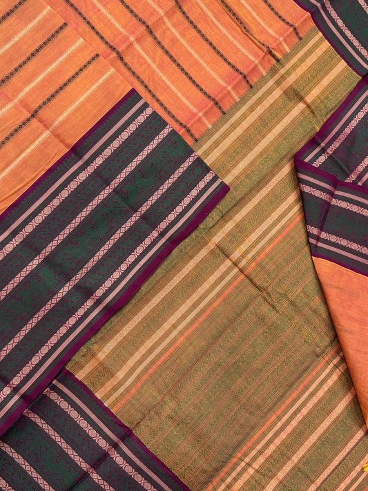 Pure Handloom Kanchi rich Cotton Saree | orange X green X aaraku | intericate thread weave x veldhari