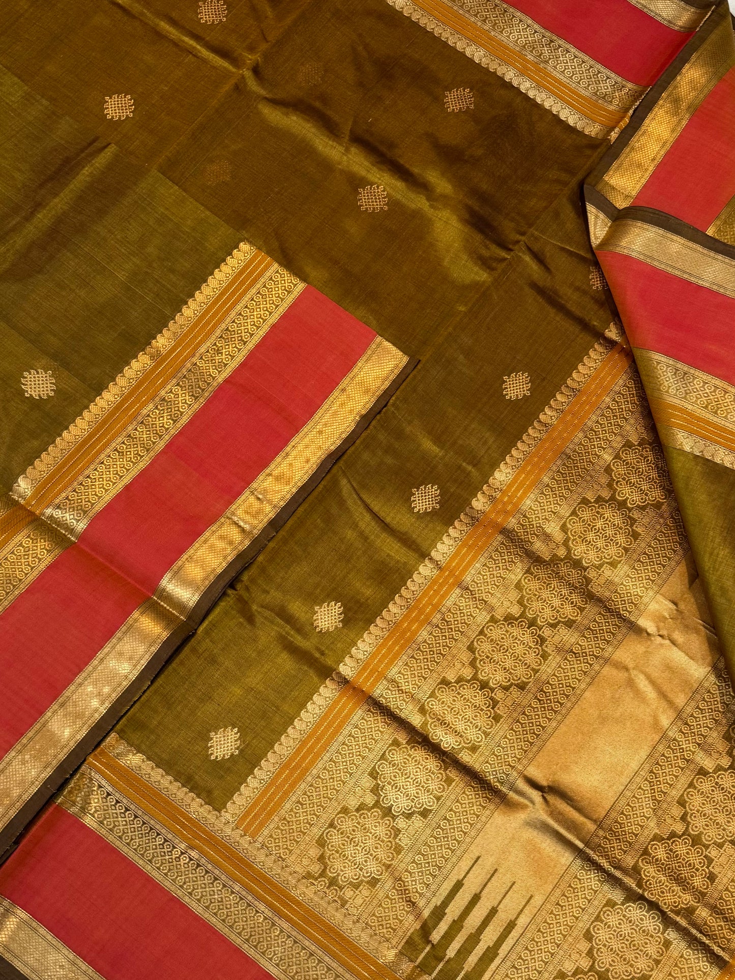 Kanchi Silk Cotton Sarees | kolam butta X rettaipet border | mehendi green x orange