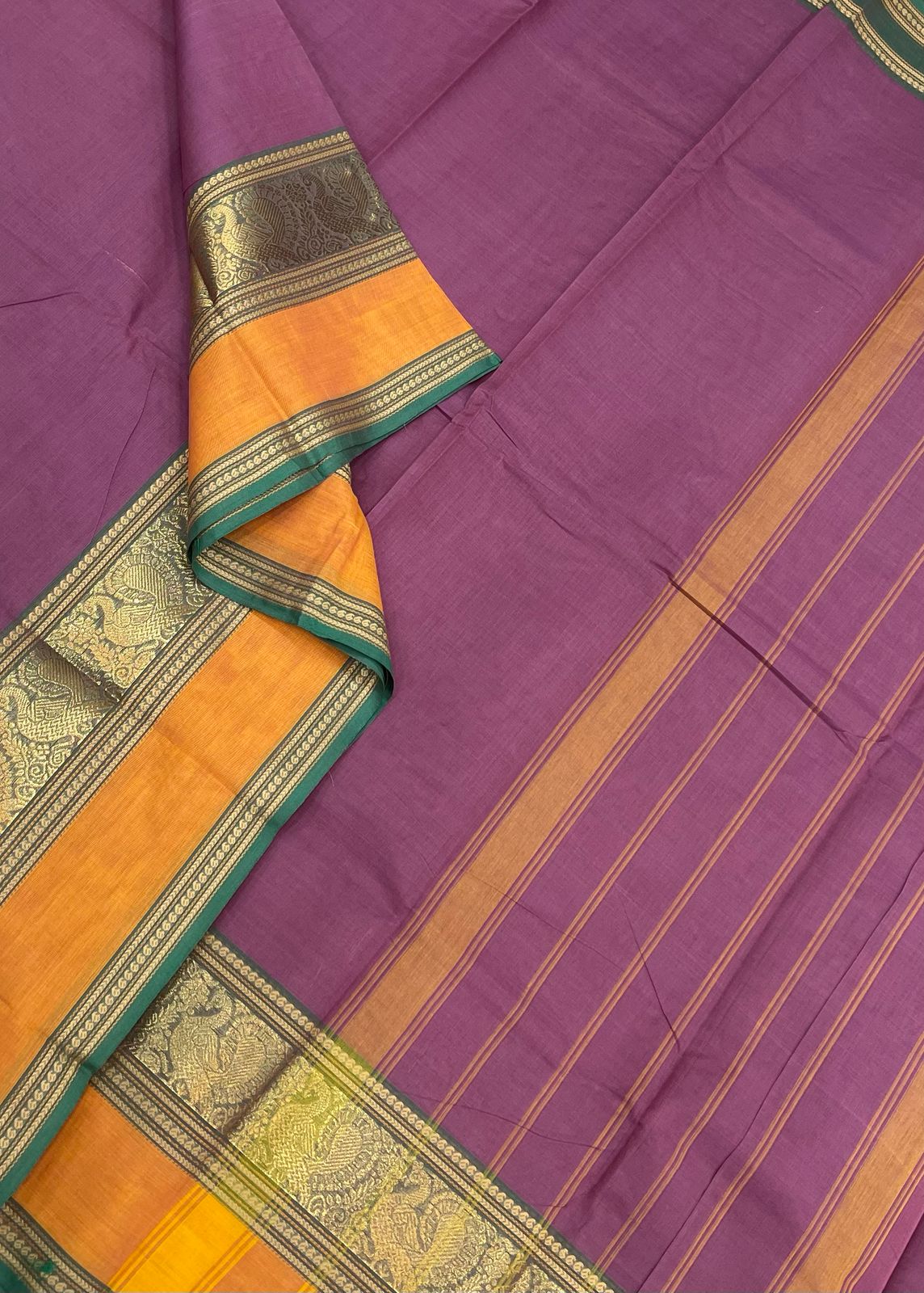 Kanchi soft cotton | rettaipet zari mayil border | pink x green orange