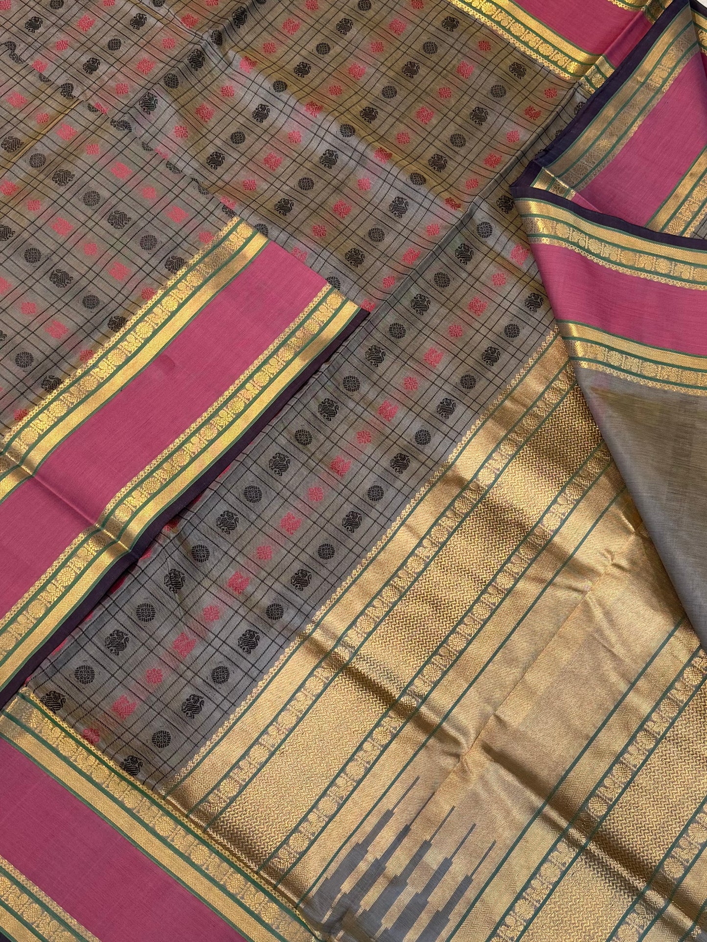 Kanchi Silk Cotton Sarees | 1000 butta X rich zari pallu X zari border | shiny grey X pink