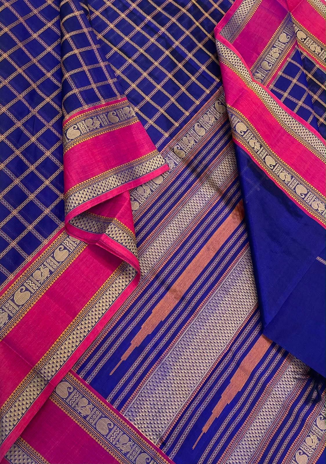 Kanchi Silk Cotton Sarees | silk cotton | thread woven neli kattam X rettaipet border | royal blue X pink
