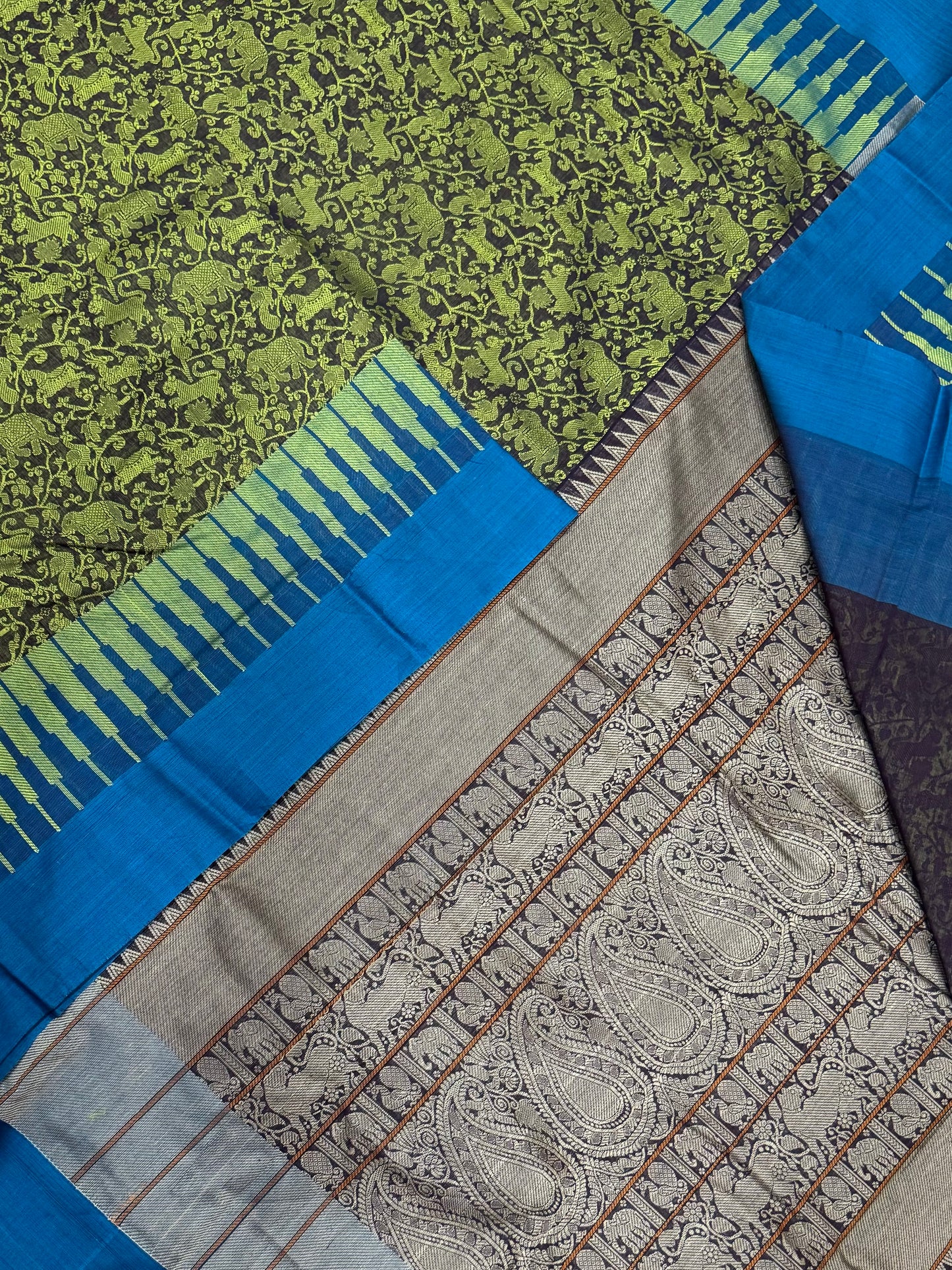 Pure Handloom Kanchi rich Cotton Saree | vanasingaram | green x blue X brown