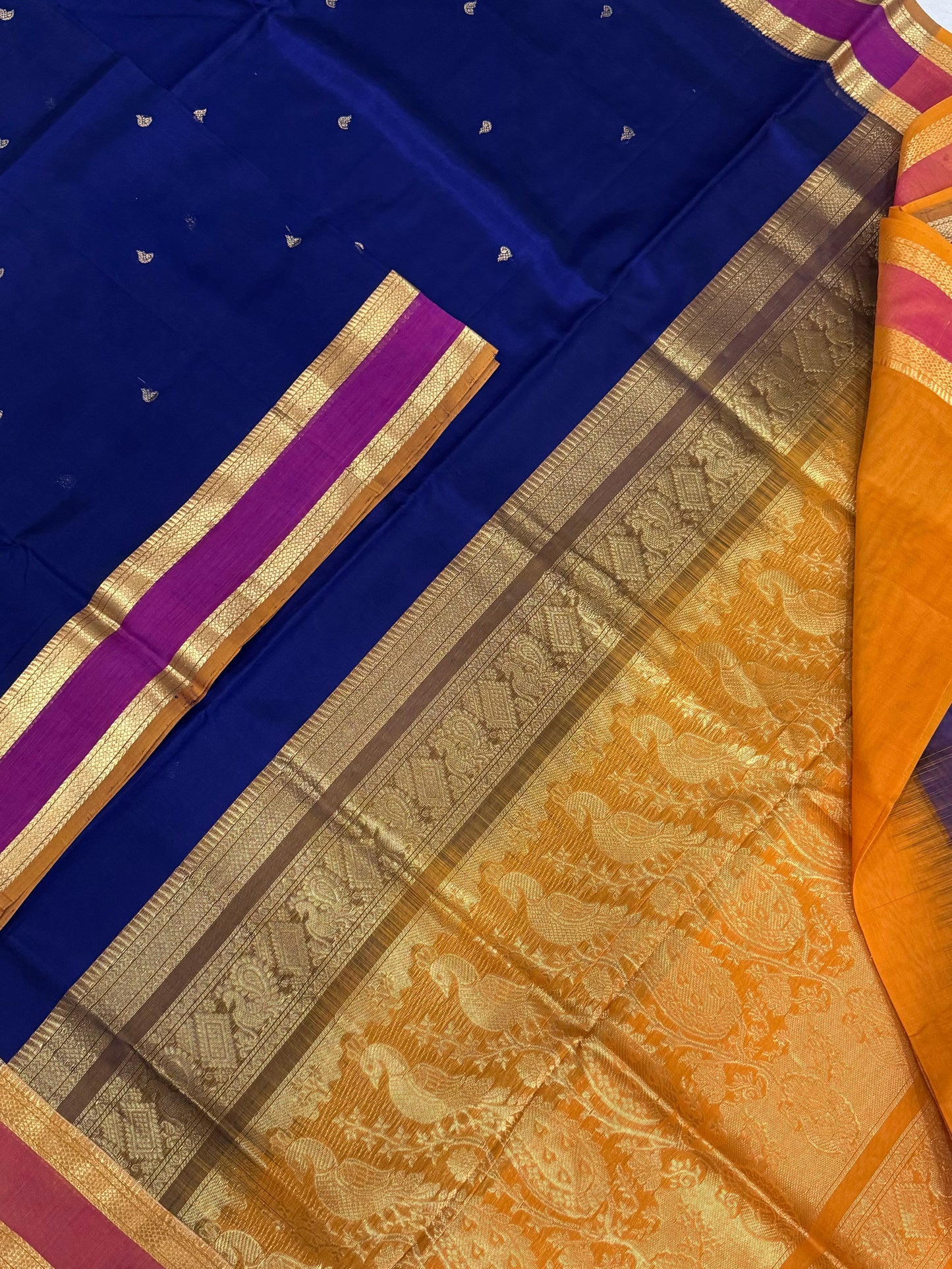 Kanchi Silk Cotton Sarees | rich zari rettaipet border X tiny motif|navy blue X manjal