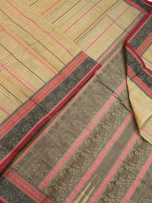 Pure Handloom Kanchi rich Cotton Saree | thread woven border X vertical veldhari motif |beige x brick