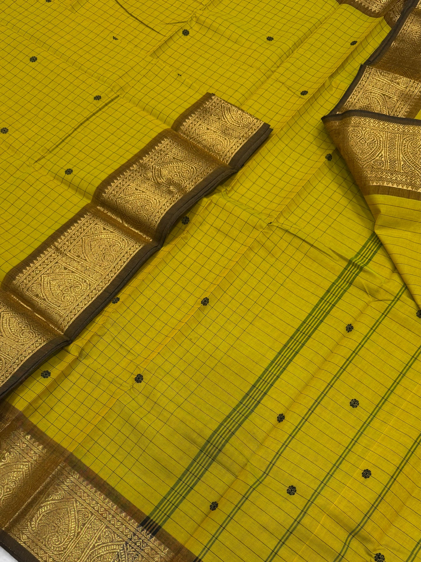 Kanchi soft cotton | lime green X brown |rich Zari border X kattam