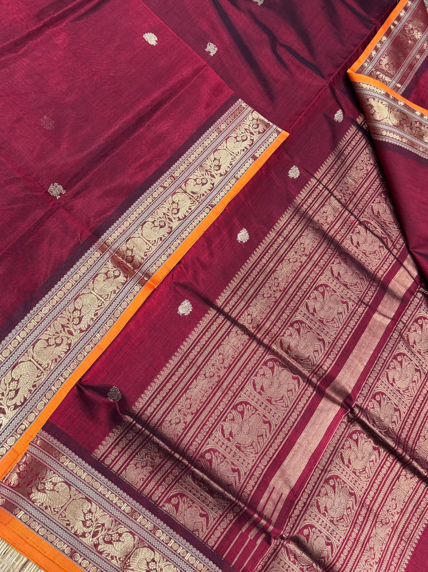 Kanchi Silk Cotton Sarees | tiny zari border X zari pallu | marron X 🧡 orange