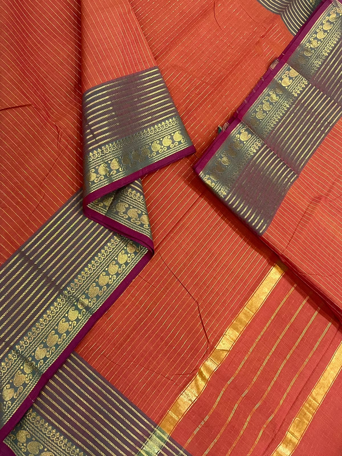 Kanchi soft cotton | orange š x dual green | Zari border x oosivanam