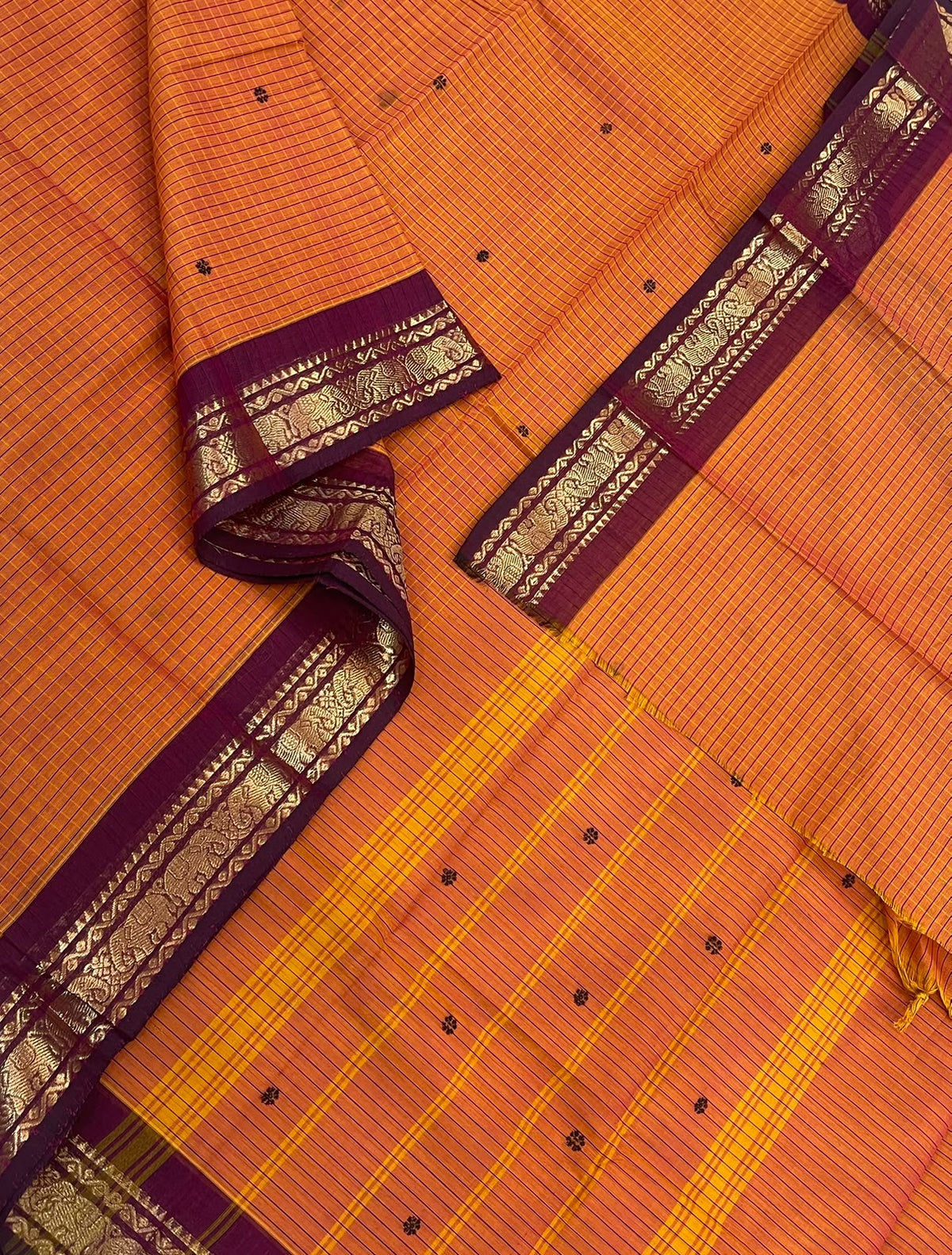 Kanchi soft cotton | orange x burgandy | kattam x tiny zari border