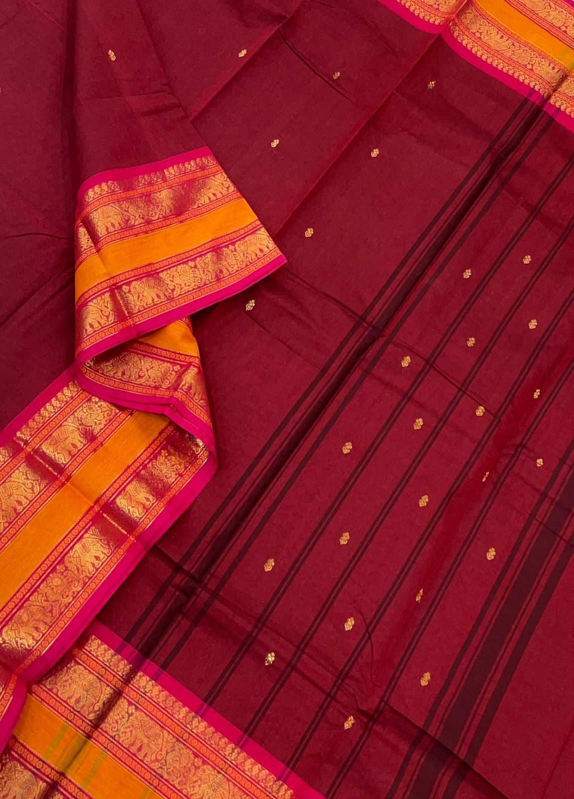 Kanchi soft cotton | maroon x orange x pink | rettaipet zari border