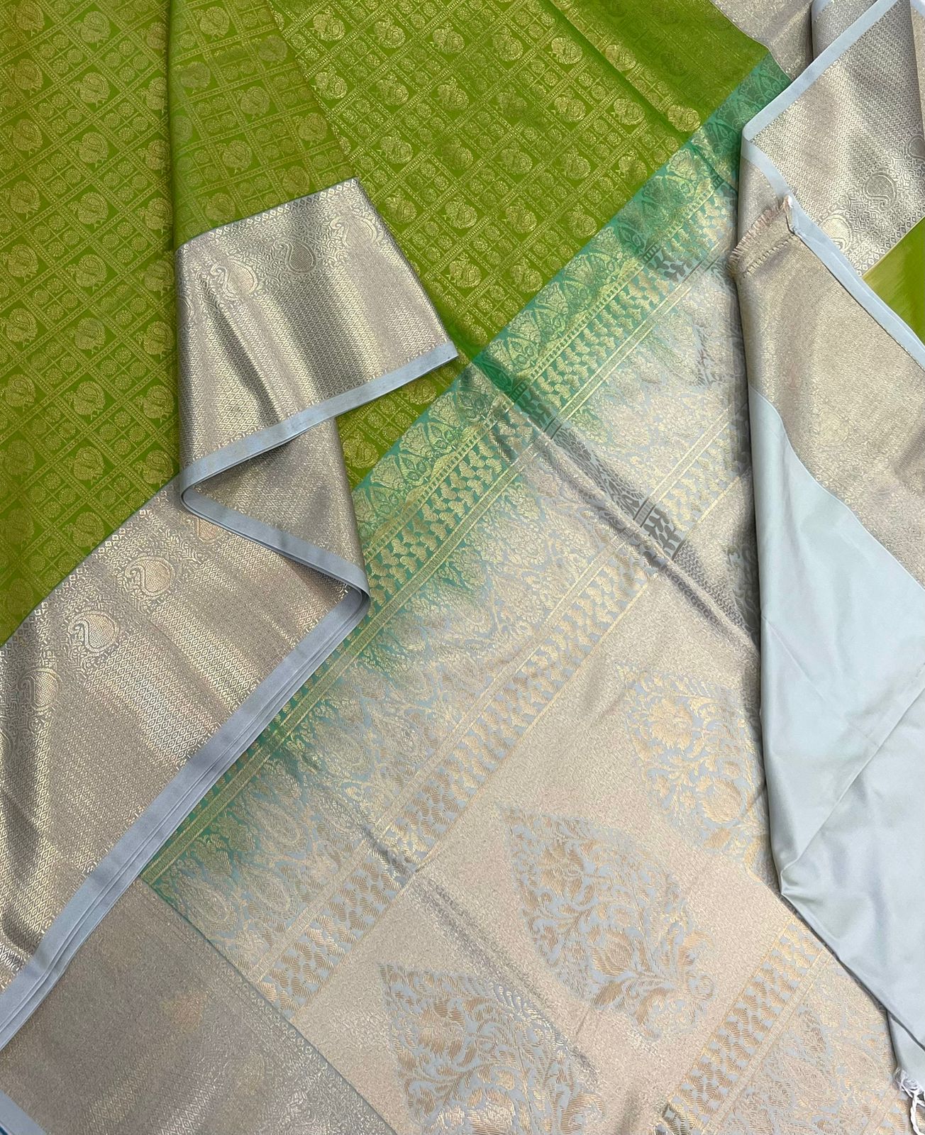 Vegan Silk Sarees Online | parrot green x pastel blue | mayil motif X rich border
