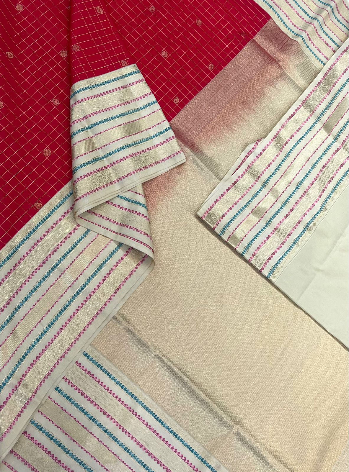 Vegan Silk Sarees Online | red X half white | kattam butta x korvai border