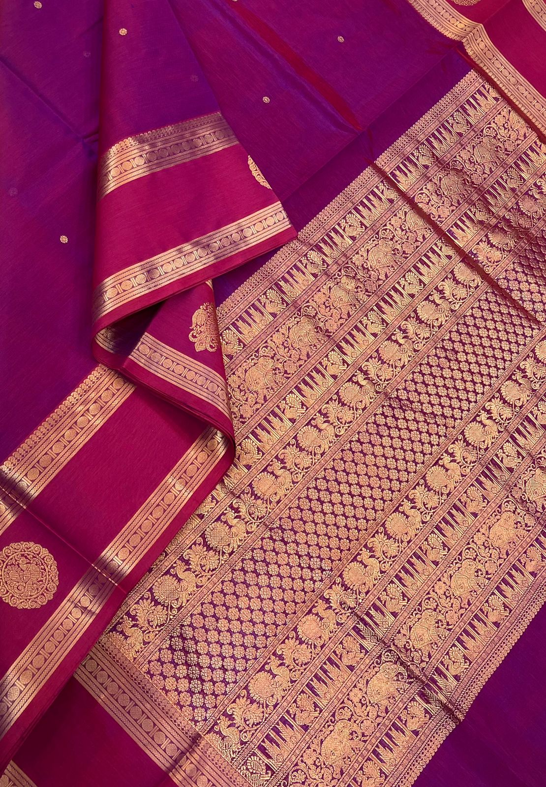 Kanchi Silk Cotton Sarees | tiny coin motif X mayil rettaipet border | majenta pink X hot pink