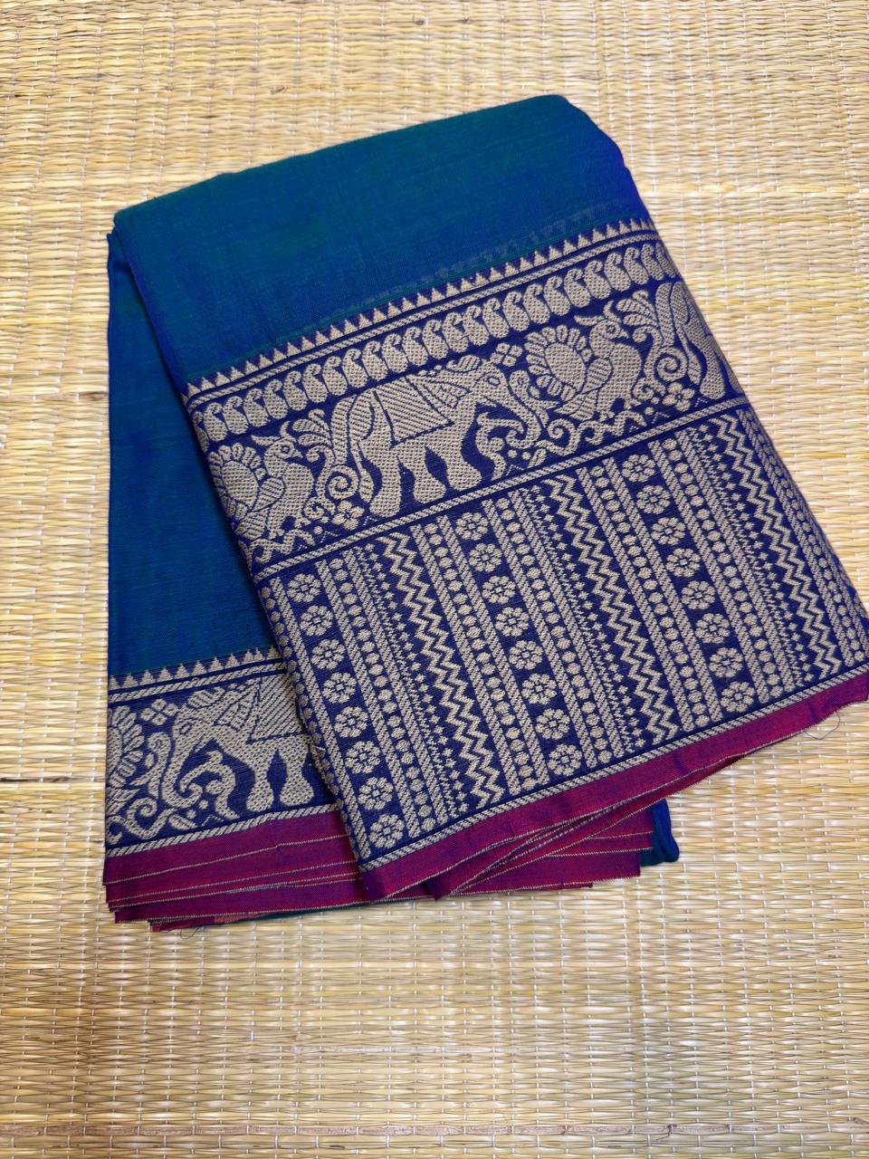 Narayanpet soft cottons |thread border | peacock blue
