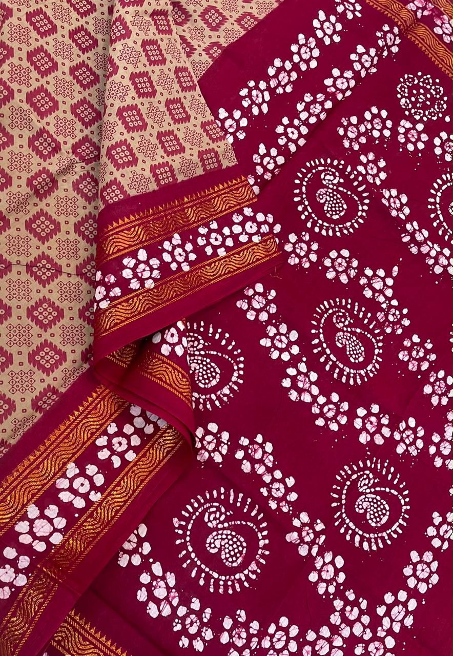 Madurai Sungudi soft cotton | pastel brown x red | rettaipet Zari border