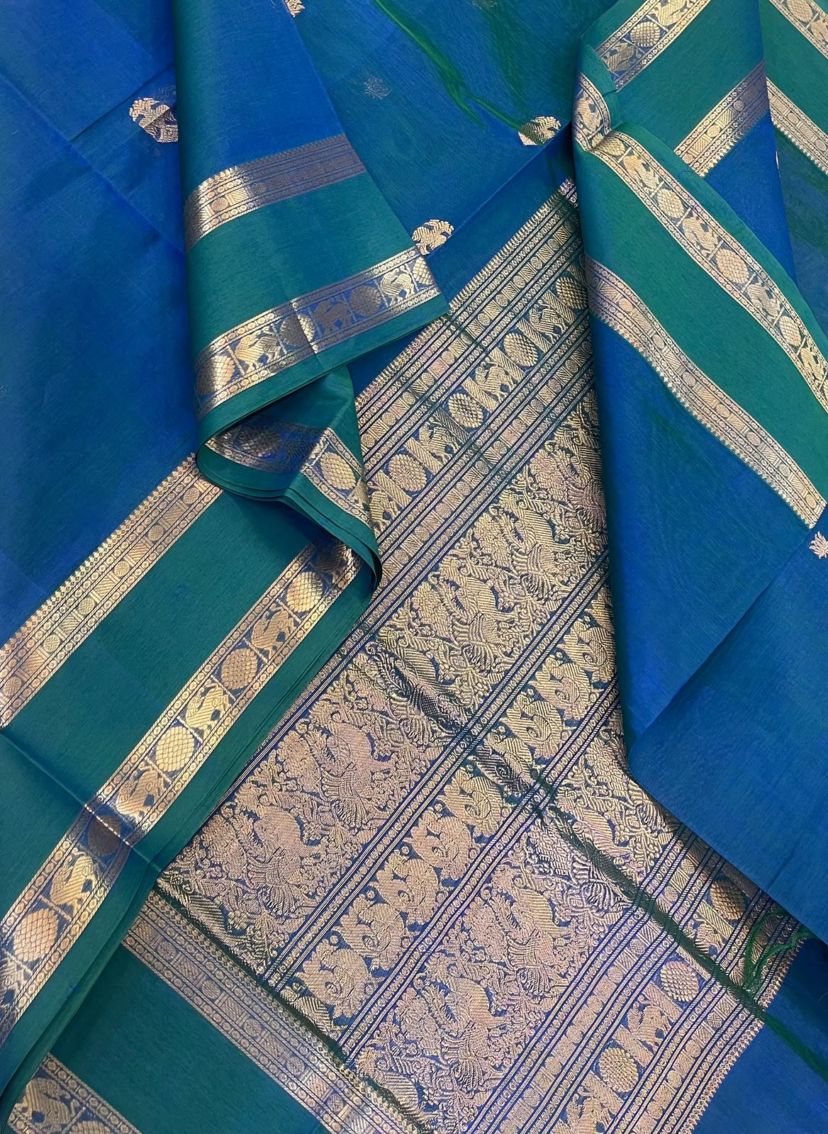 Kanchi Silk Cotton Sarees | eruthalapakshi motif x peacock shade