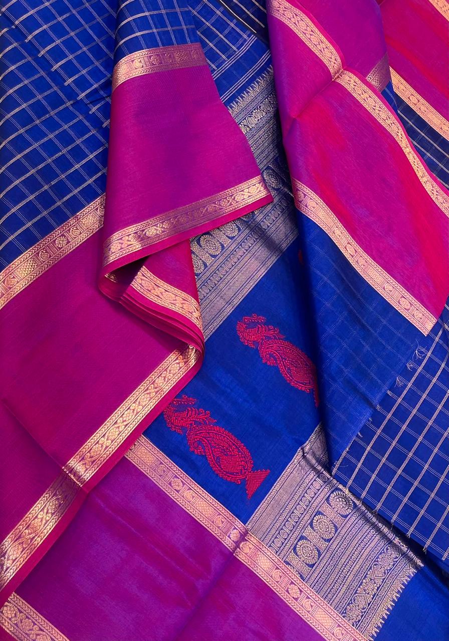 Kanchi Silk Cotton Sarees | rettaipet zari woven border x zari kattam | royal blue X magenta